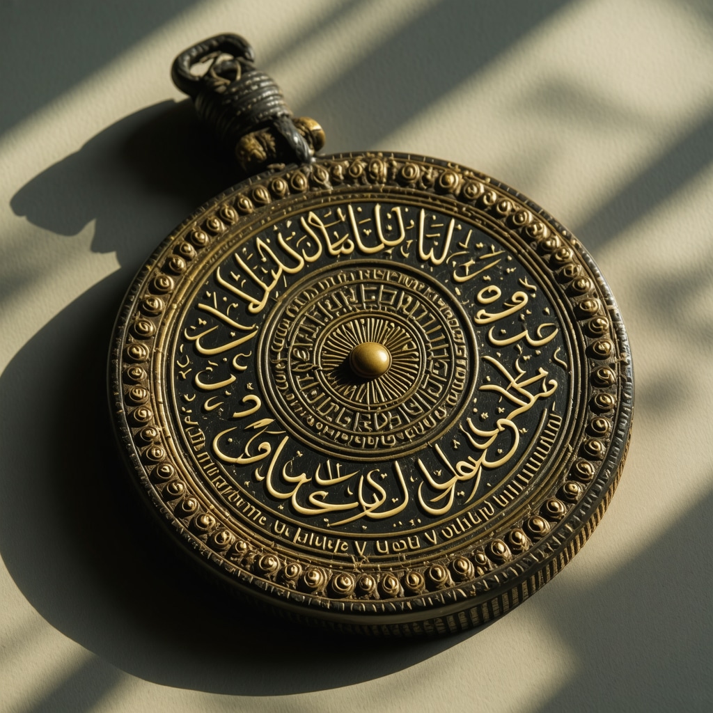 Detaljni prikaz autentičnog islamskog talismana s kaligrafijom i prirodnim materijalima
