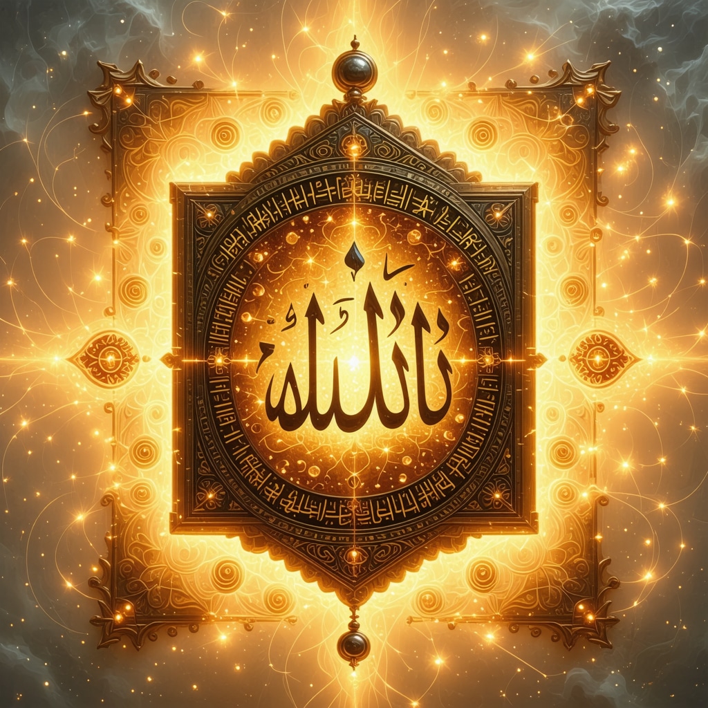 Islamic amulet inscribed with 99 names of Allah emitting spiritual glow