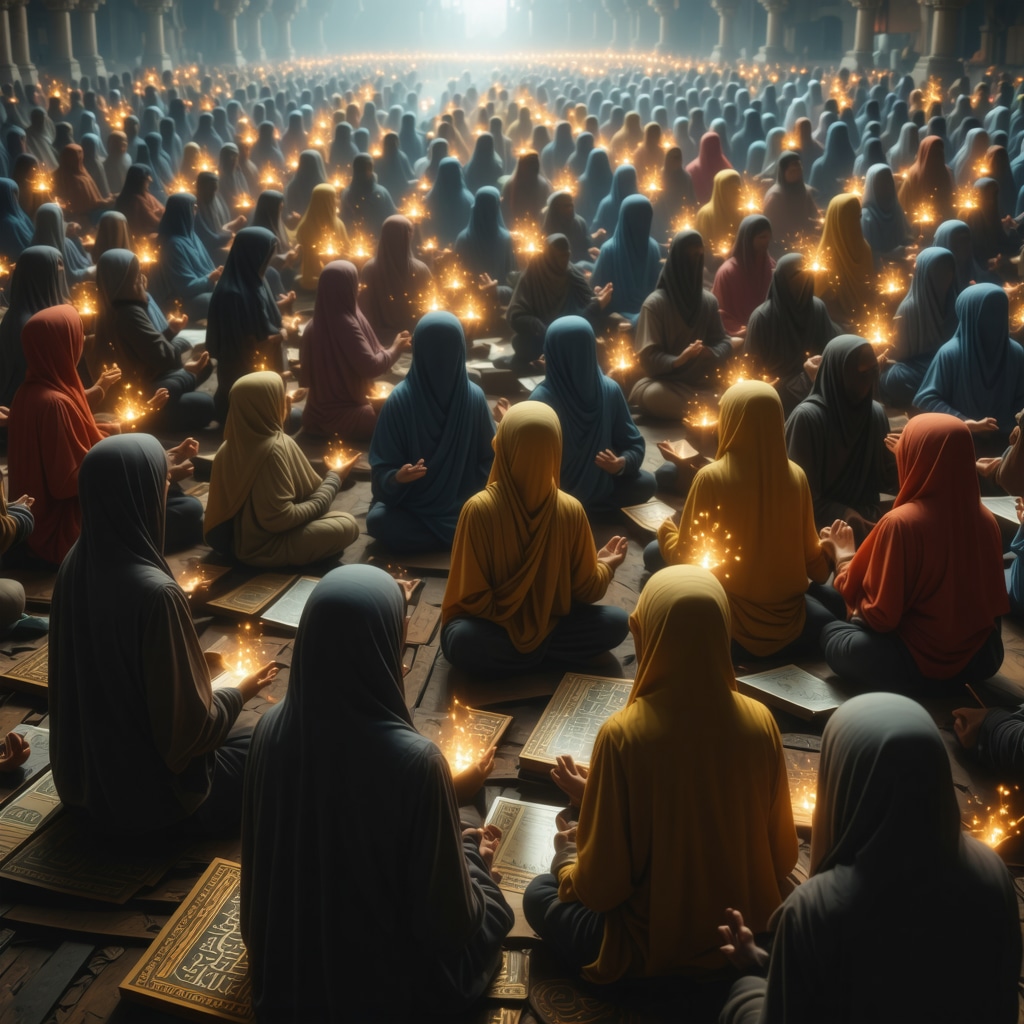 Muslim group performing collective zikr surrounded by glowing Quranic words symbolizing healing energy