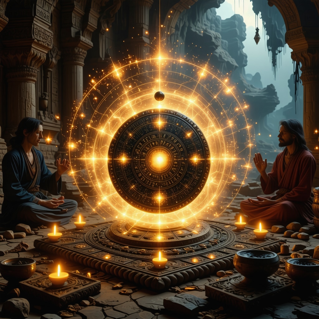 Islamic amulet surrounded by glowing energy waves interacting with biofeedback devices and meditating people
