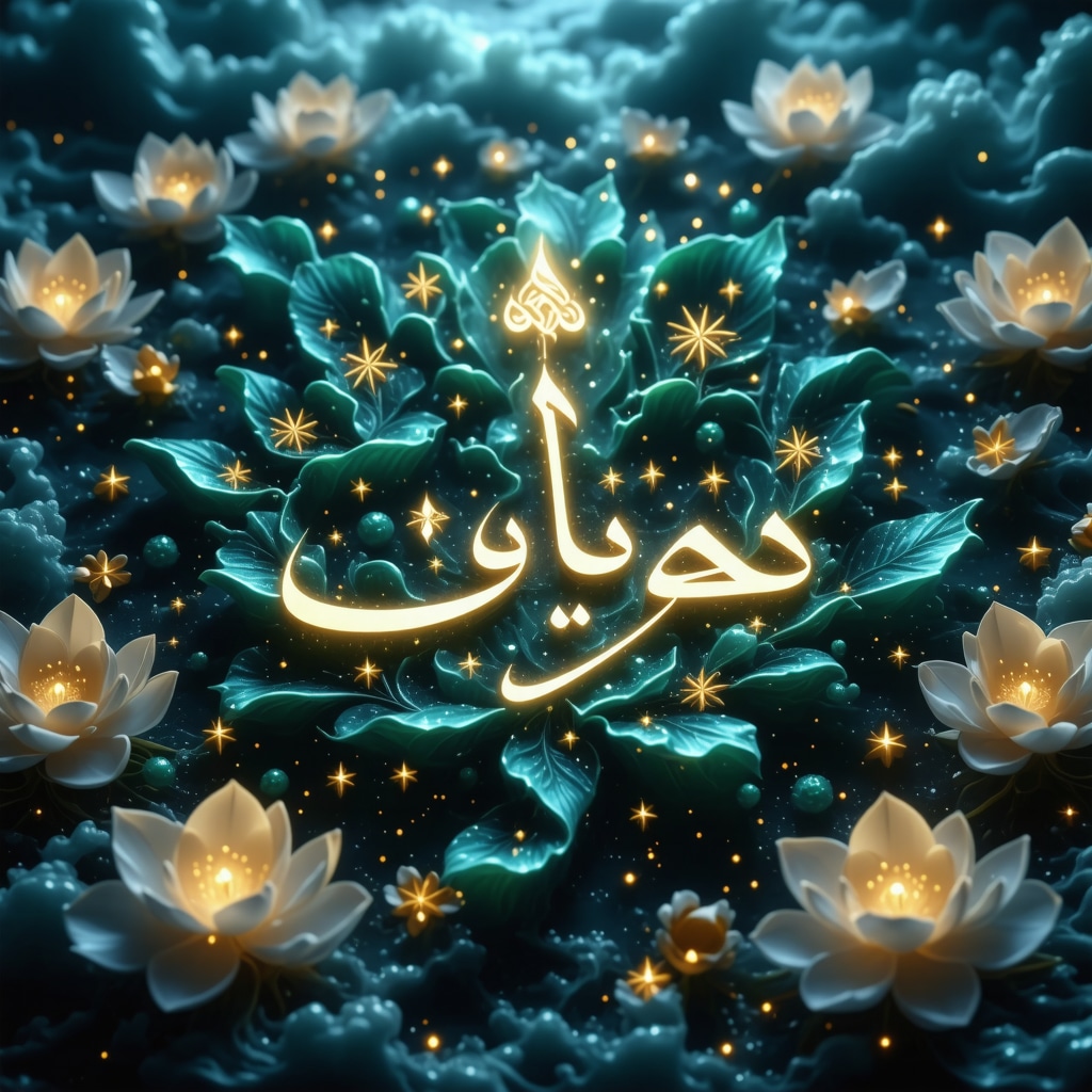 Arabic calligraphy of healing and protective words glowing with spiritual light