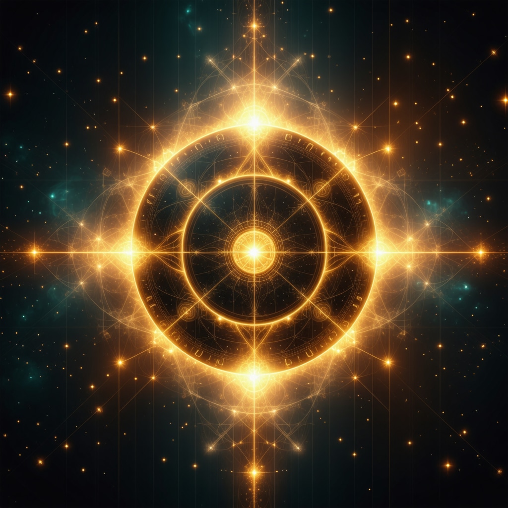 Islamic talisman glowing with spiritual energy intertwined with digital holograms and neural network imagery
