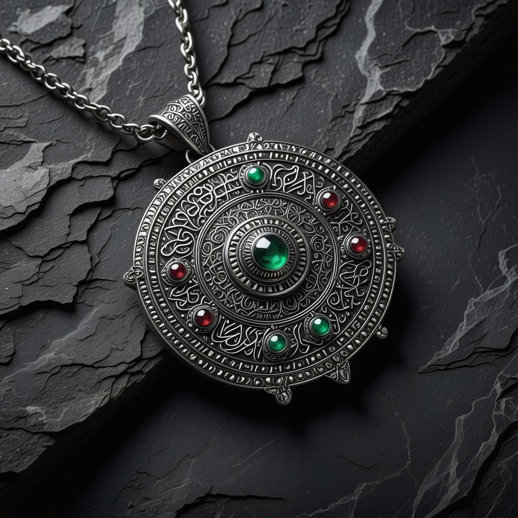 Detailed silver talisman with Quranic inscriptions and gemstones symbolizing spiritual protection