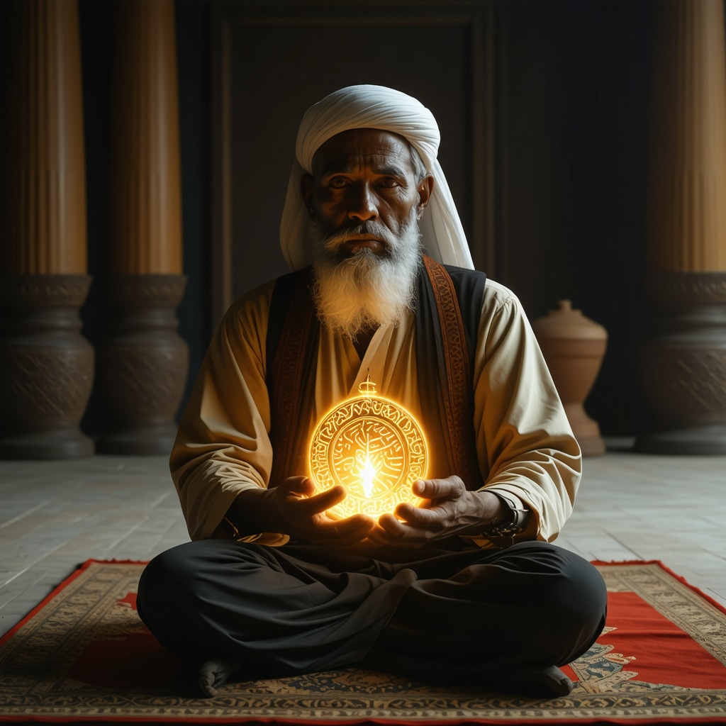 Islamic scholar meditating holding glowing talisman inscribed with Quranic verses