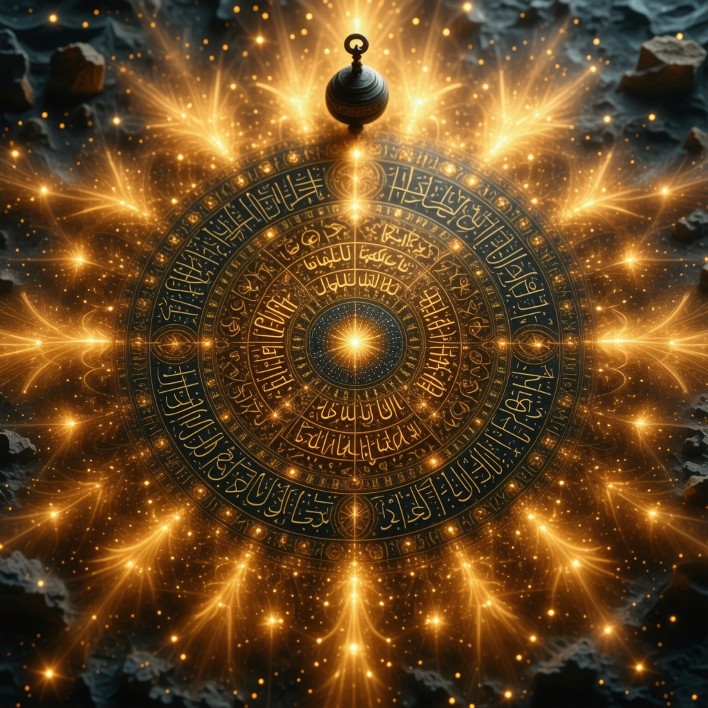 Close-up of Islamic amulet featuring 99 names of Allah surrounded by radiant spiritual light