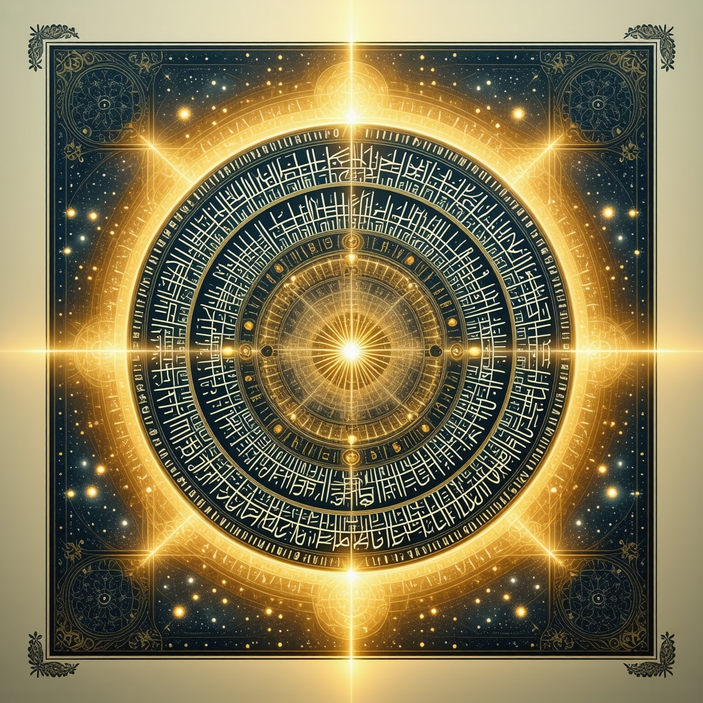 Intricate Islamic calligraphy of 99 Names of Allah with glowing geometric patterns representing divine spiritual protection
