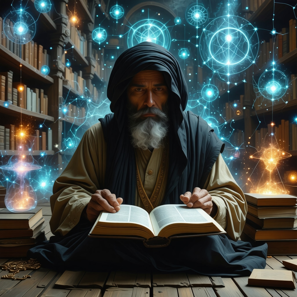 Islamic scholar studying Quranic hermeneutics with symbols of quantum healing energy