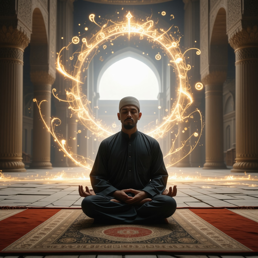 Islamic scholar in mosque meditating with glowing spiritual symbols