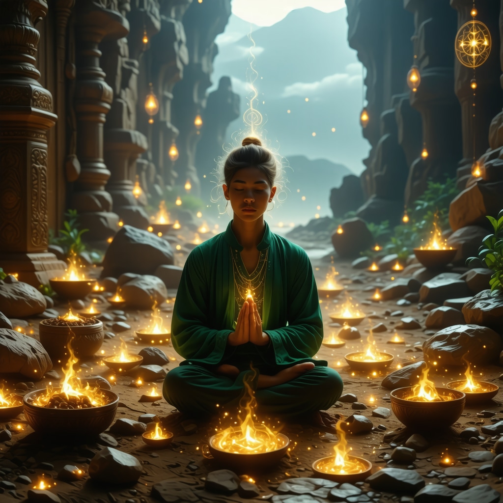 Person meditating surrounded by glowing Islamic amulets with visualized energy waves representing spiritual protection and neurobiological effects