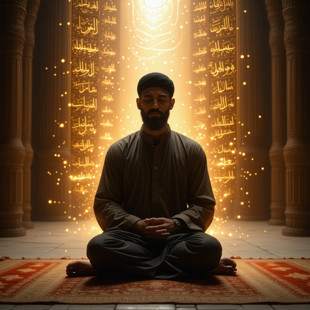 Illustration of a Muslim scholar meditating surrounded by glowing 99 Names of Allah in Arabic calligraphy