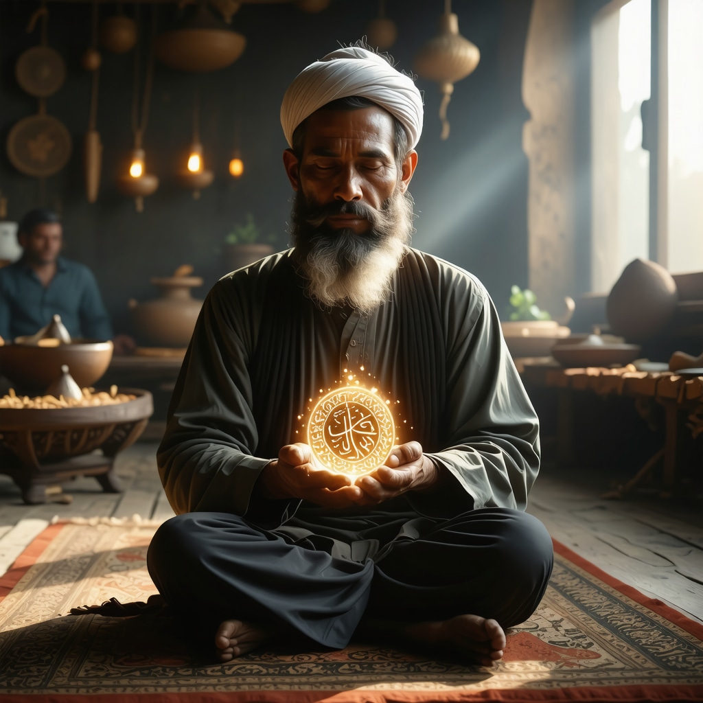 Muslim scholar holding a glowing Islamic talisman with 99 names of Allah calligraphy in a peaceful room