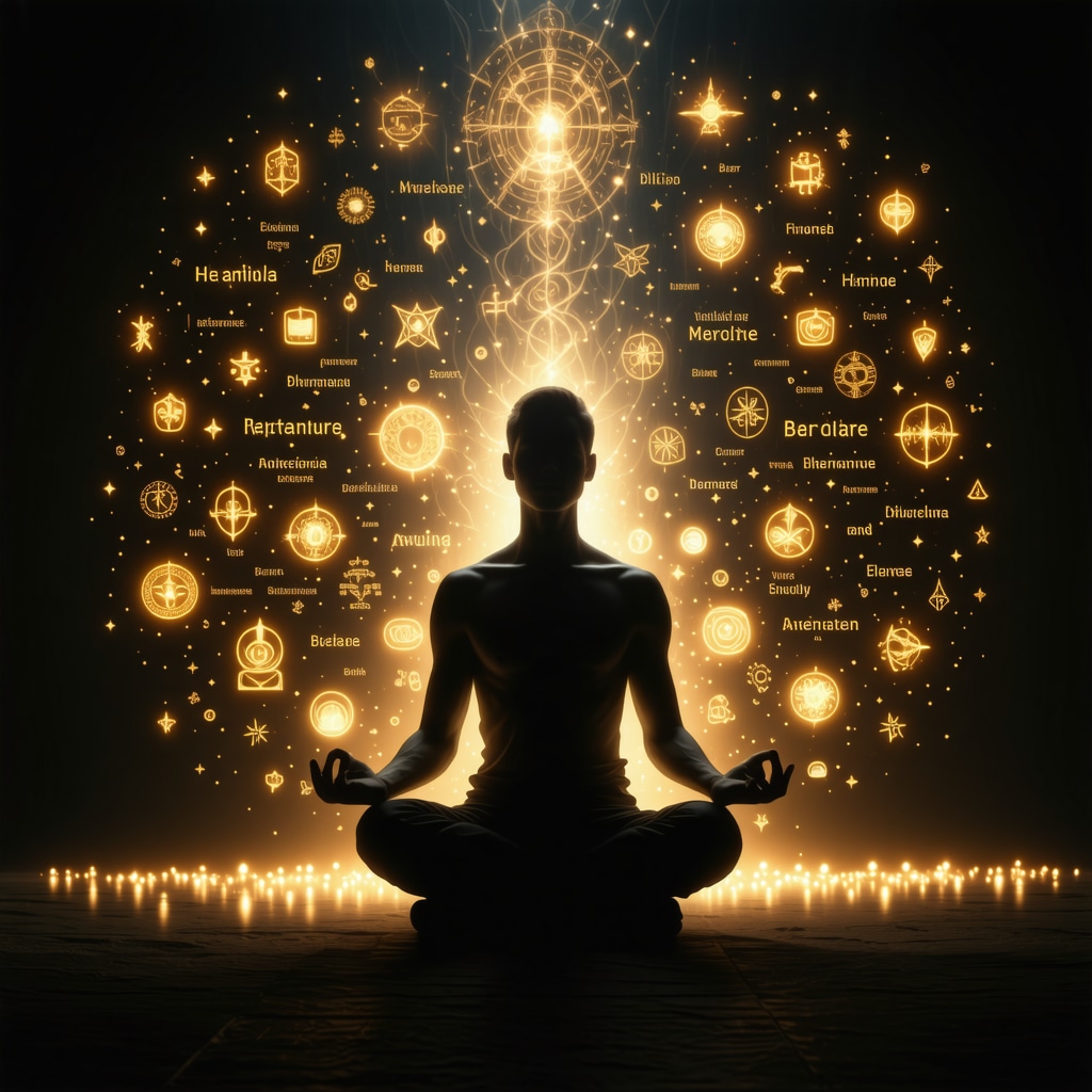 Human silhouette meditating surrounded by glowing sacred words and amulets symbolizing vibrational healing energy