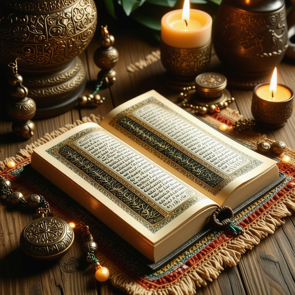 Open Quran displaying 99 names of Allah with surrounding Islamic amulets glowing softly