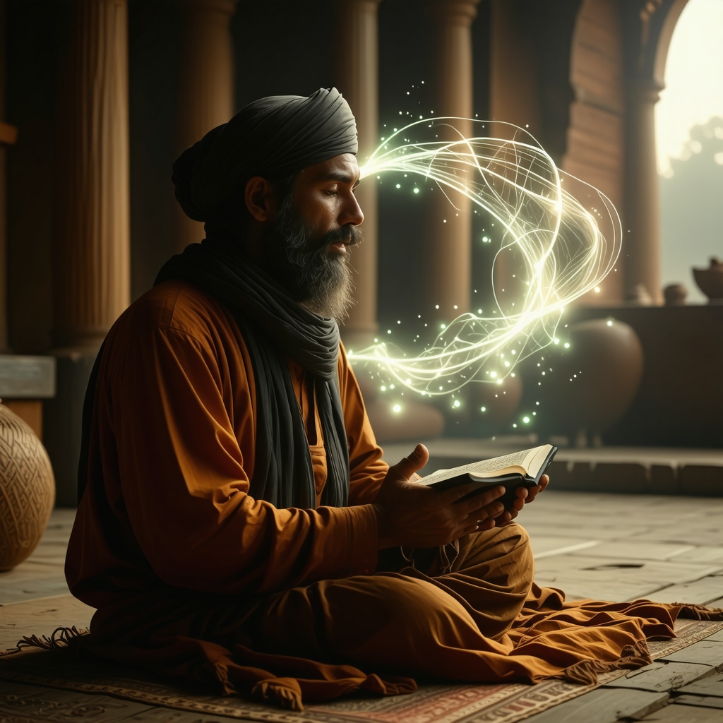 Person reciting Quranic verses with visual sound wave vibrations symbolizing spiritual healing