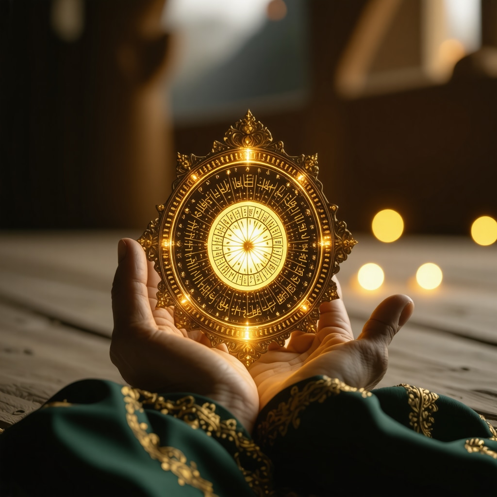 Person praying with an Islamic talisman displaying 99 names of Allah, symbolizing spiritual protection and peace