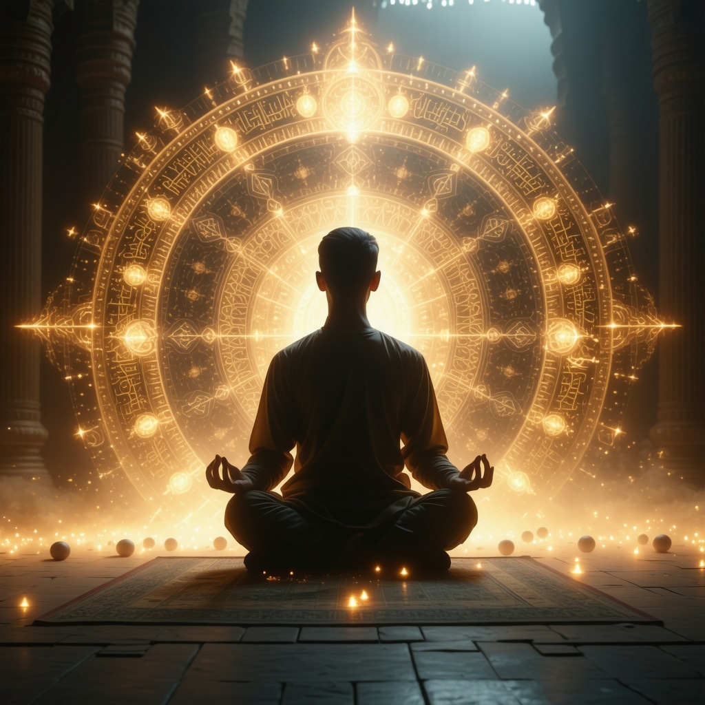 Muslim meditating surrounded by glowing Islamic geometric patterns and calligraphy symbolizing spiritual transformation