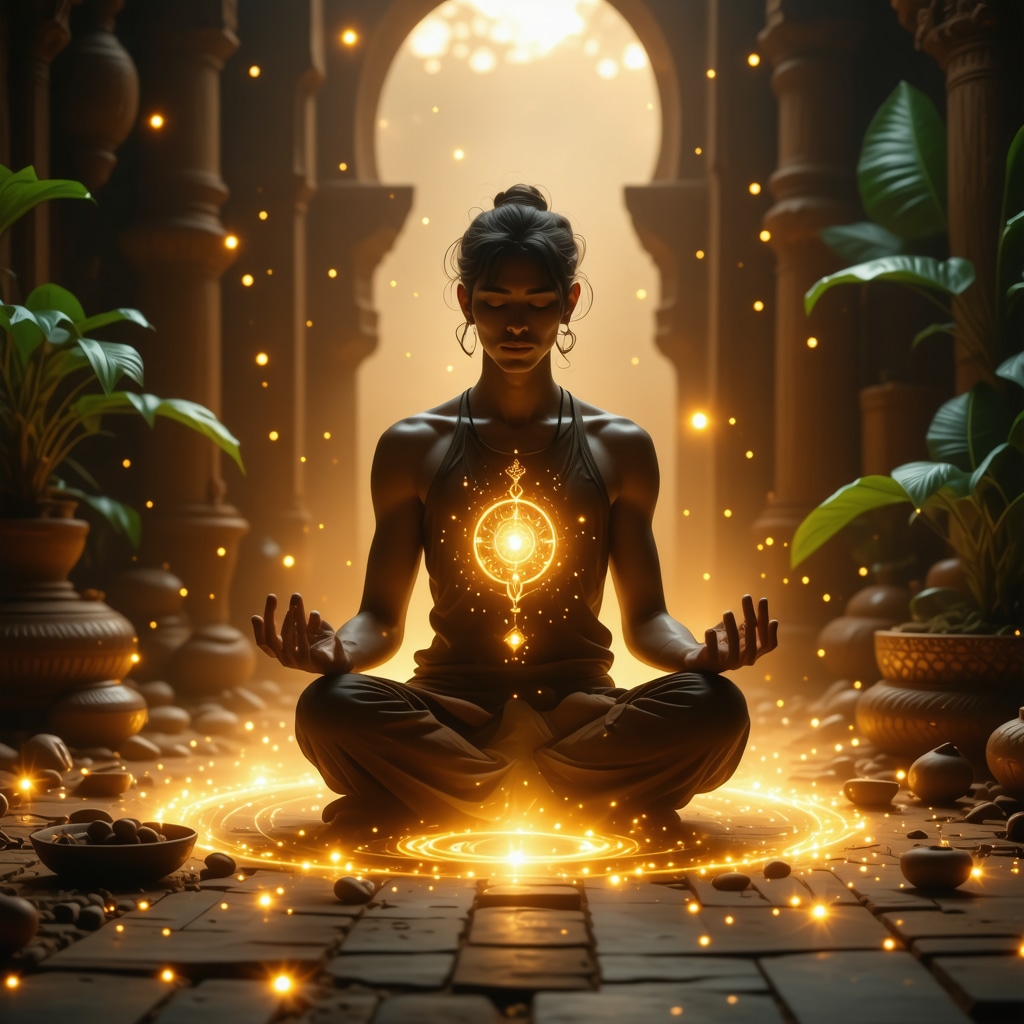 Person meditating with glowing amulet surrounded by protective energy waves in a modern-traditional spiritual setting