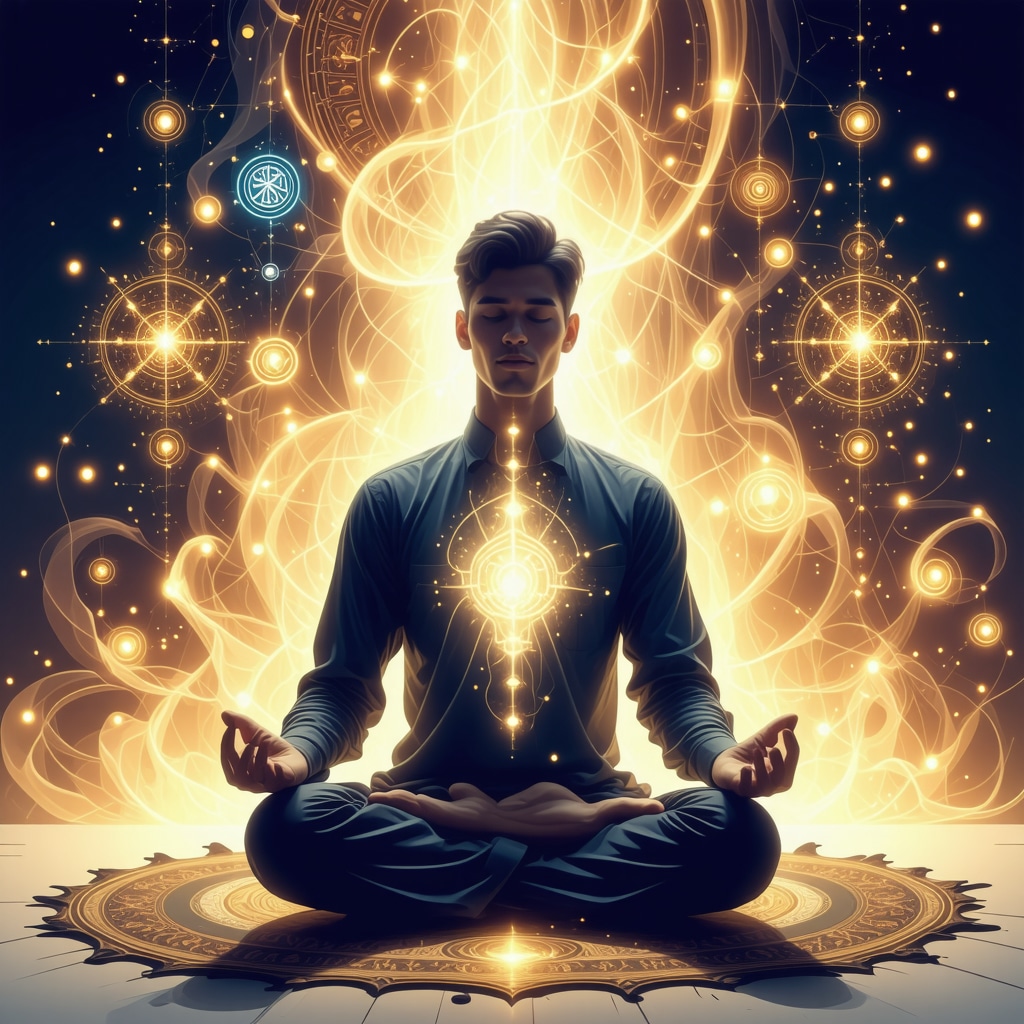 Person meditating with glowing Islamic amulet and Quranic script symbolizing spiritual energy and neuroplasticity
