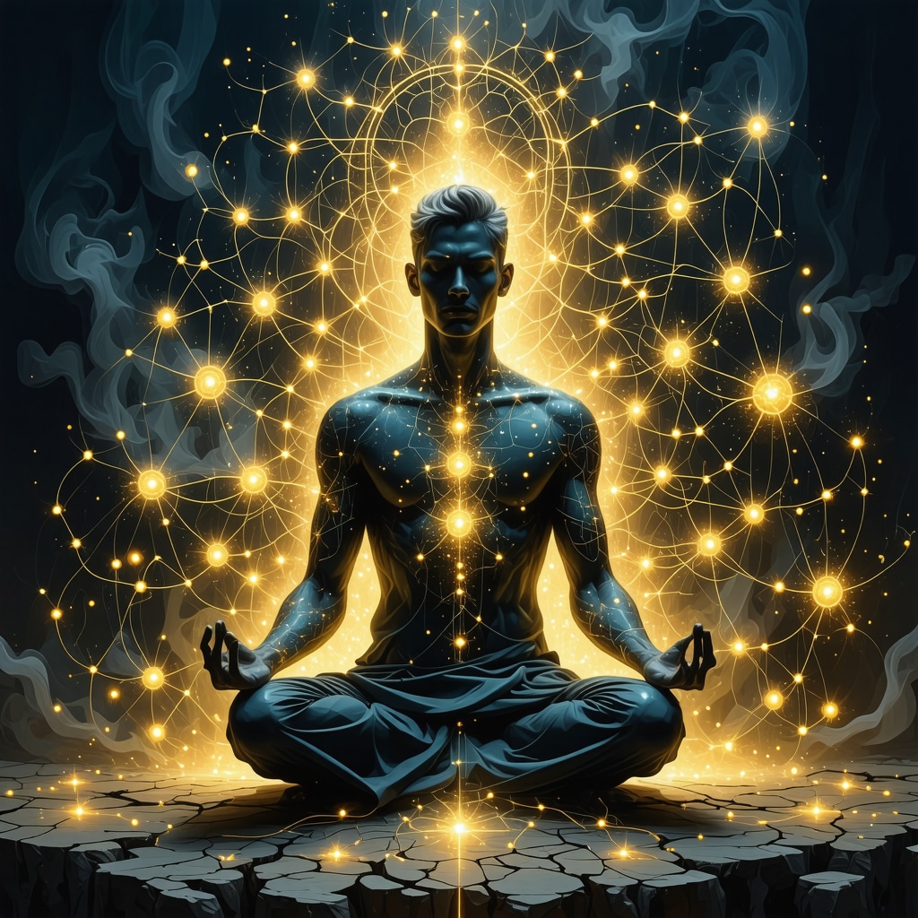 Illustration showing integration of Islamic amulets with modern psychological neural pathways and meditation