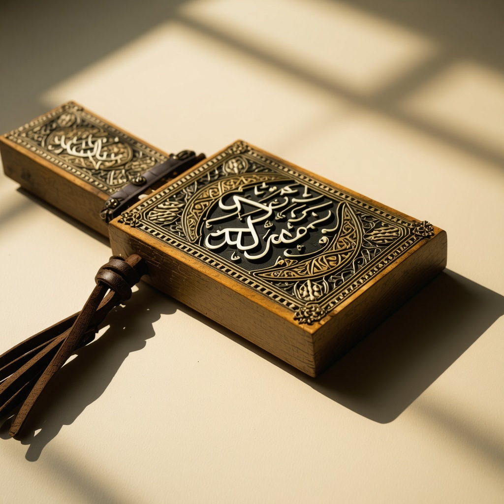 Close-up of Islamic talisman made from olive wood and leather with Arabic calligraphy