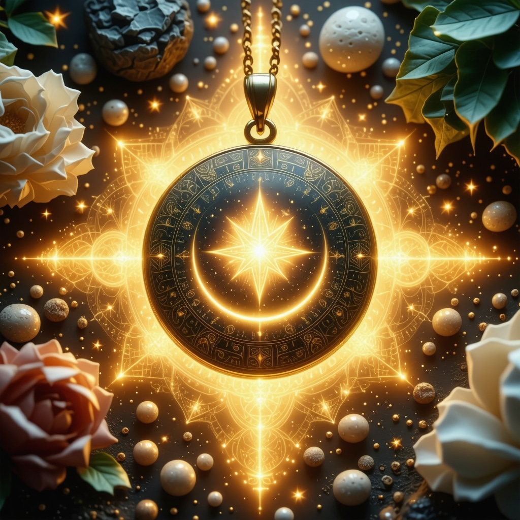 Islamic amulet glowing with crescent moon and star geometric patterns symbolizing divine protection
