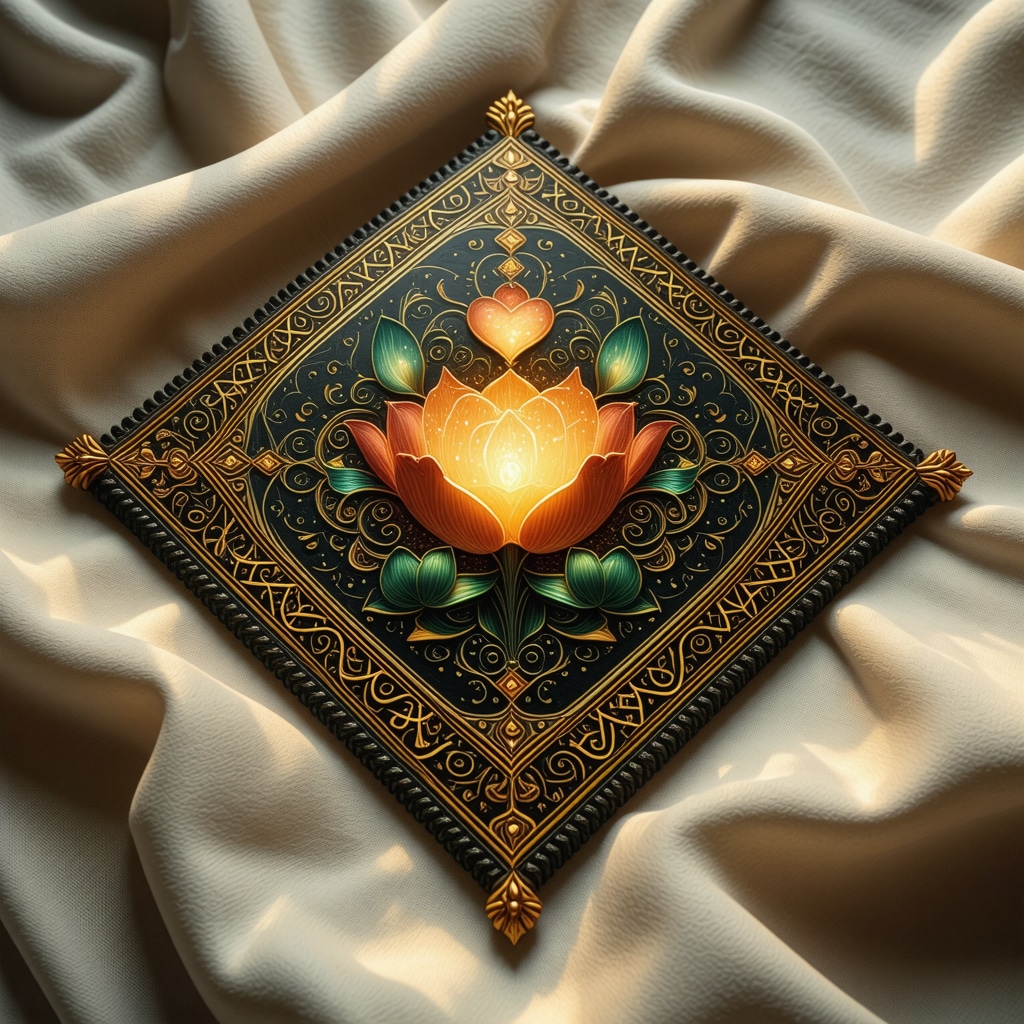 Close-up of Islamic amulet featuring Arabic calligraphy and symbolic love motifs glowing with spiritual light