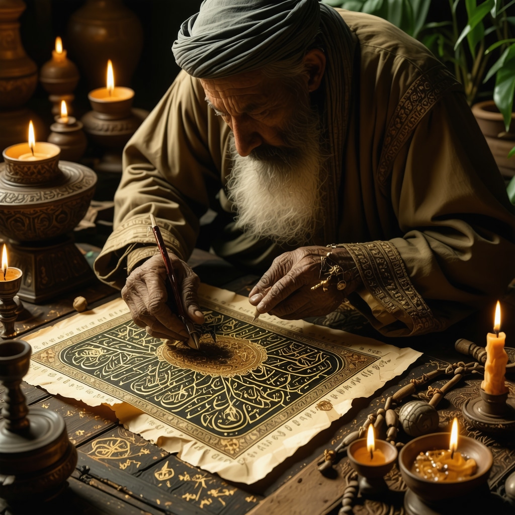 Islamic calligraphy artist creating Quranic talisman with gold ink on natural parchment under candlelight