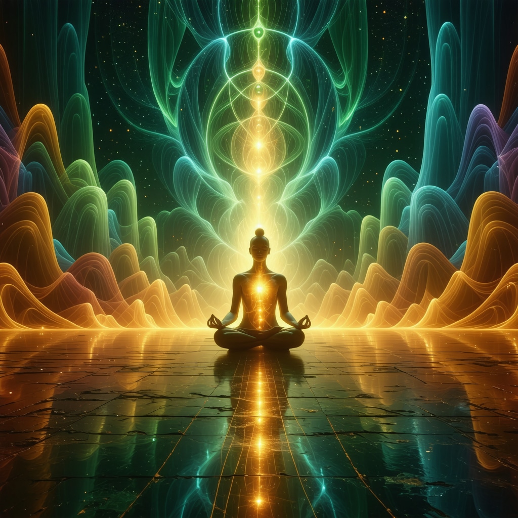 Illustration of sound vibrations from sacred words interacting with human chakras in meditation