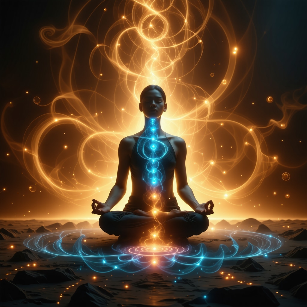 Person meditating with glowing chakras and energy waves symbolizing word vibrations