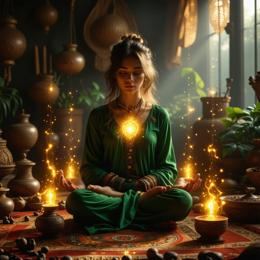 Žena u meditaciji okružena islamskim talismanima koji svijetle i simboliziraju duhovnu energiju