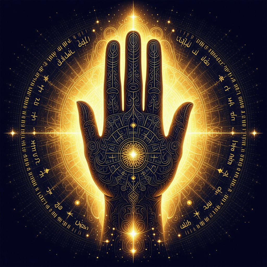 Elegant Hamsa hand surrounded by glowing Arabic calligraphy representing 99 names of Allah symbolizing spiritual protection