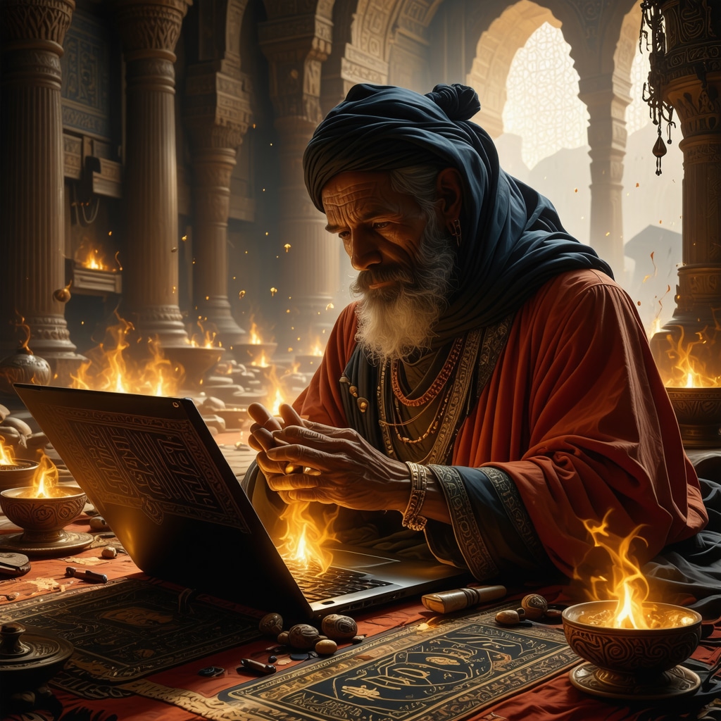 Ilustracija digitalnog duhovnog iscjelitelja koji koristi laptop i okružen je Kur'anskim ajetima i amuletima