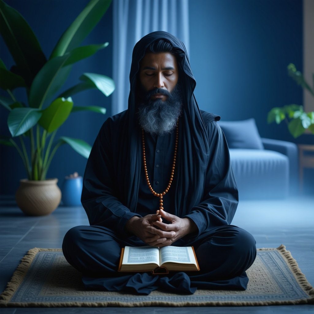 Islamski učenjak meditira sa Kur'anom i tasbihom u modernom digitalnom okruženju simbolizirajući duhovnu zaštitu
