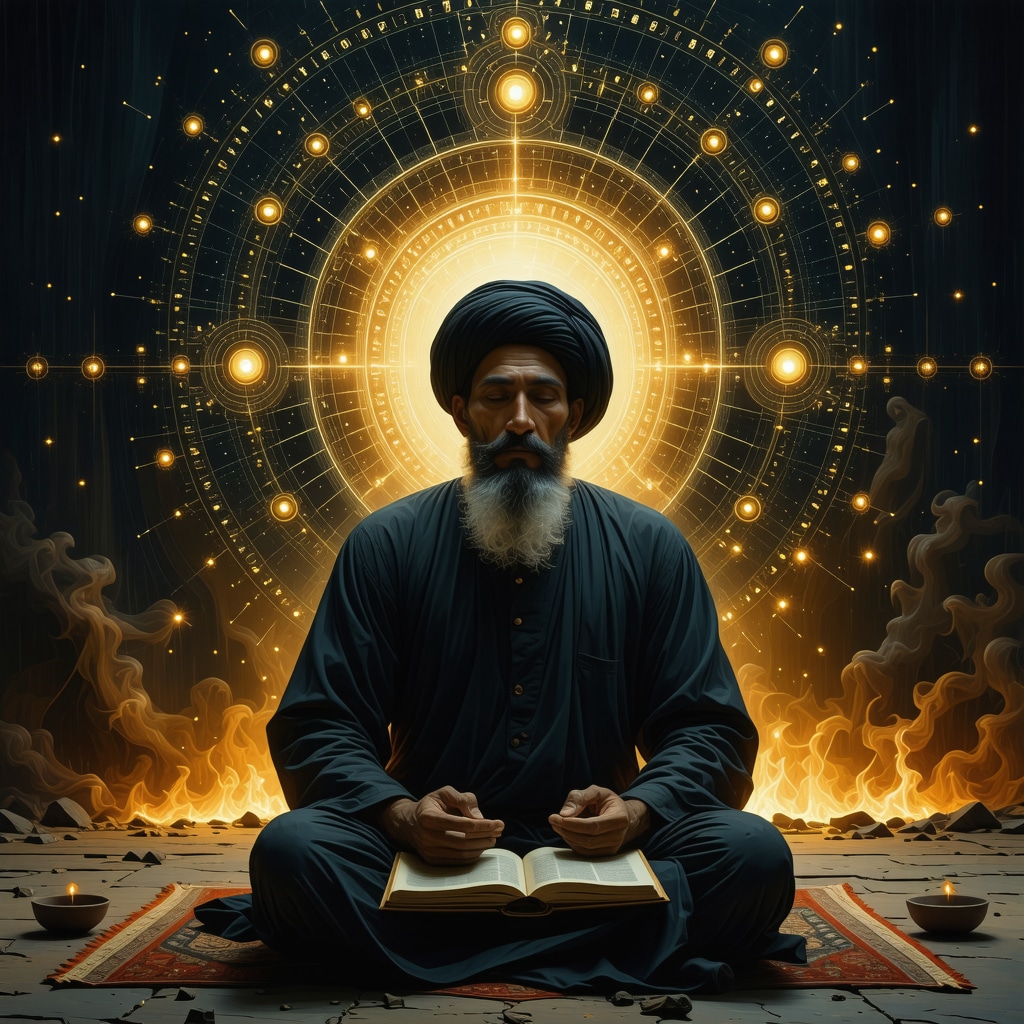 Illustration showing a spiritual healer performing Ruqyah with neuropsychological elements symbolizing brain activity and meditation
