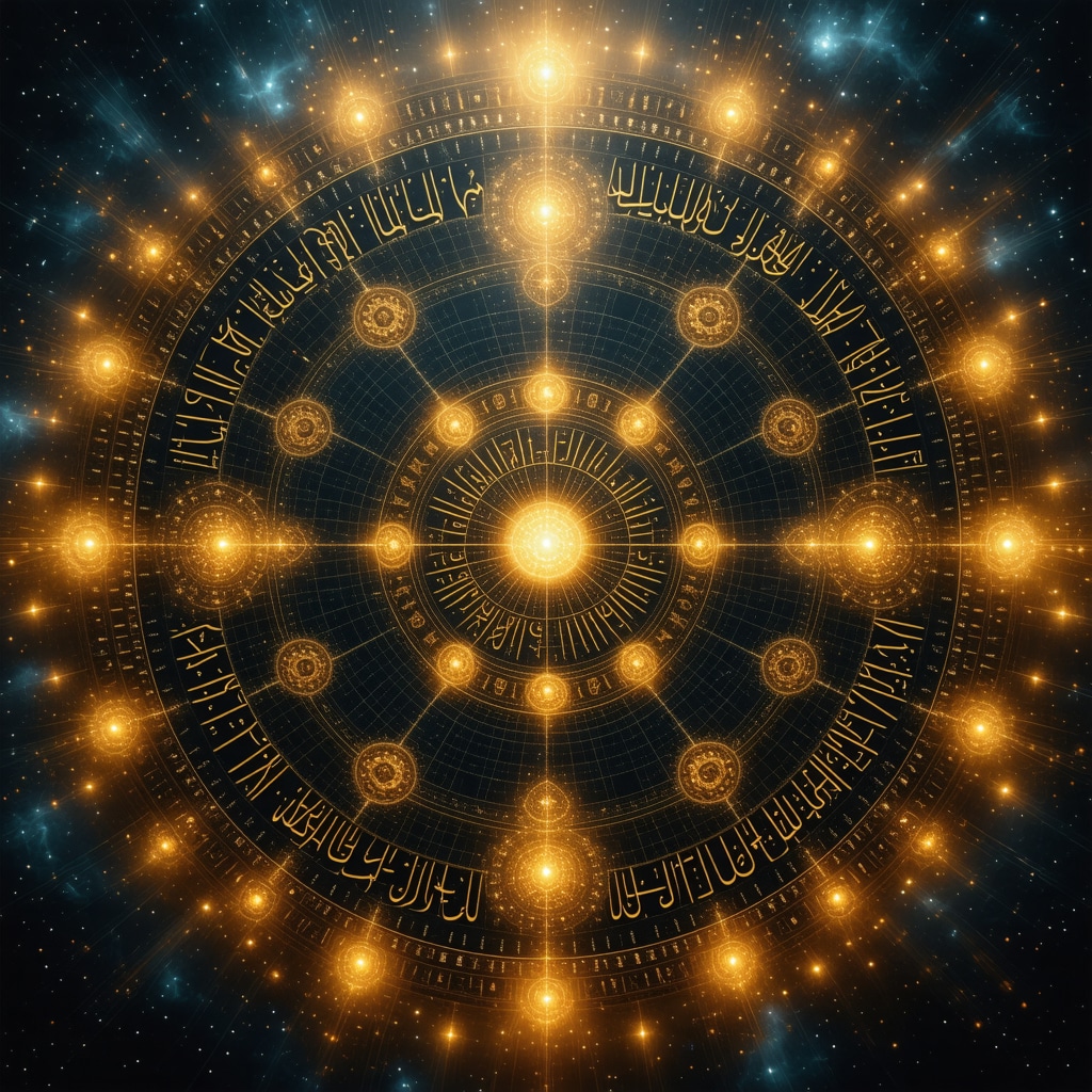 An illuminated Islamic talisman featuring Arabic calligraphy of Quranic verses and the 99 names of Allah surrounded by mosaic patterns and mystical light