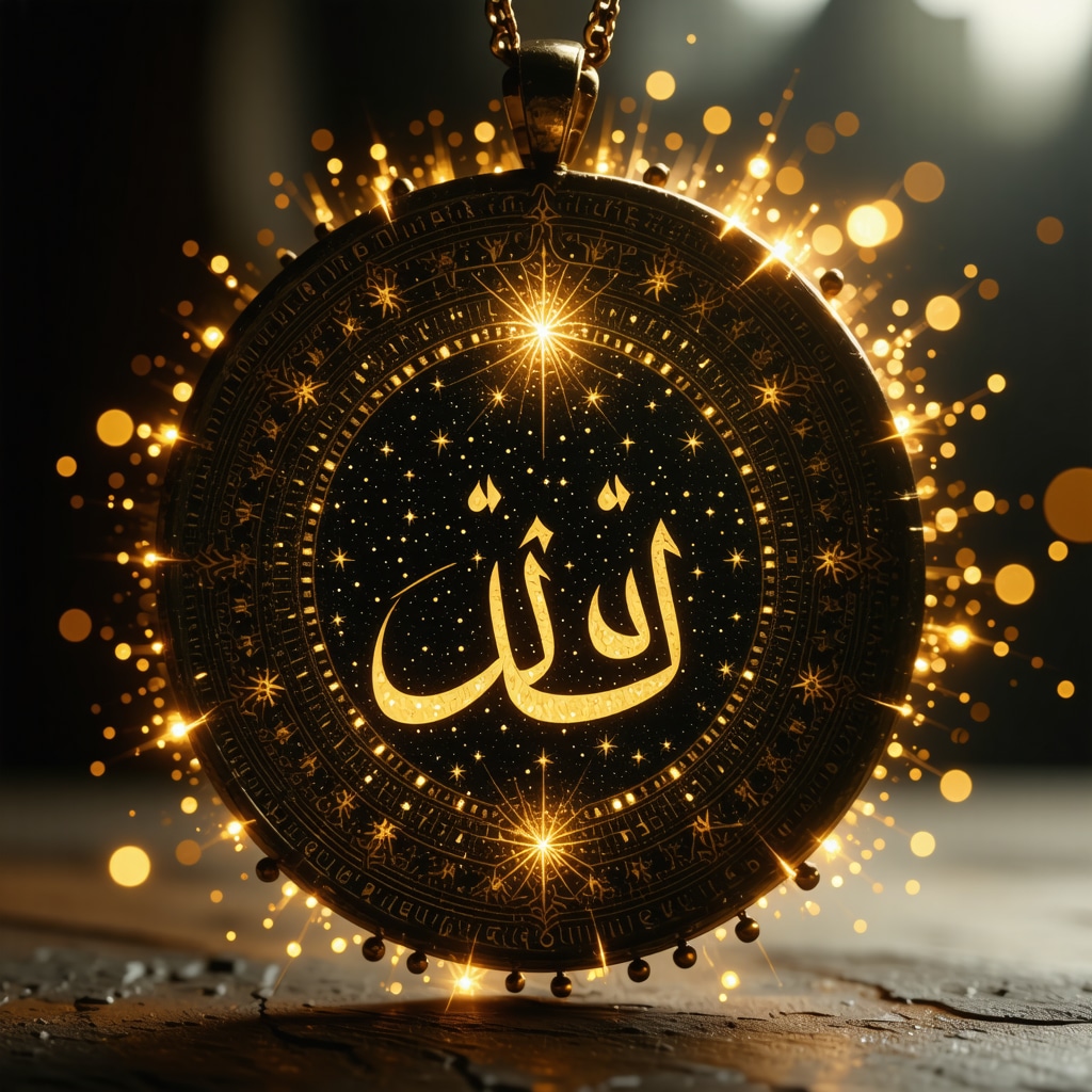 Islamic talisman pendant featuring glowing Arabic calligraphy of Allah's names symbolizing divine protection
