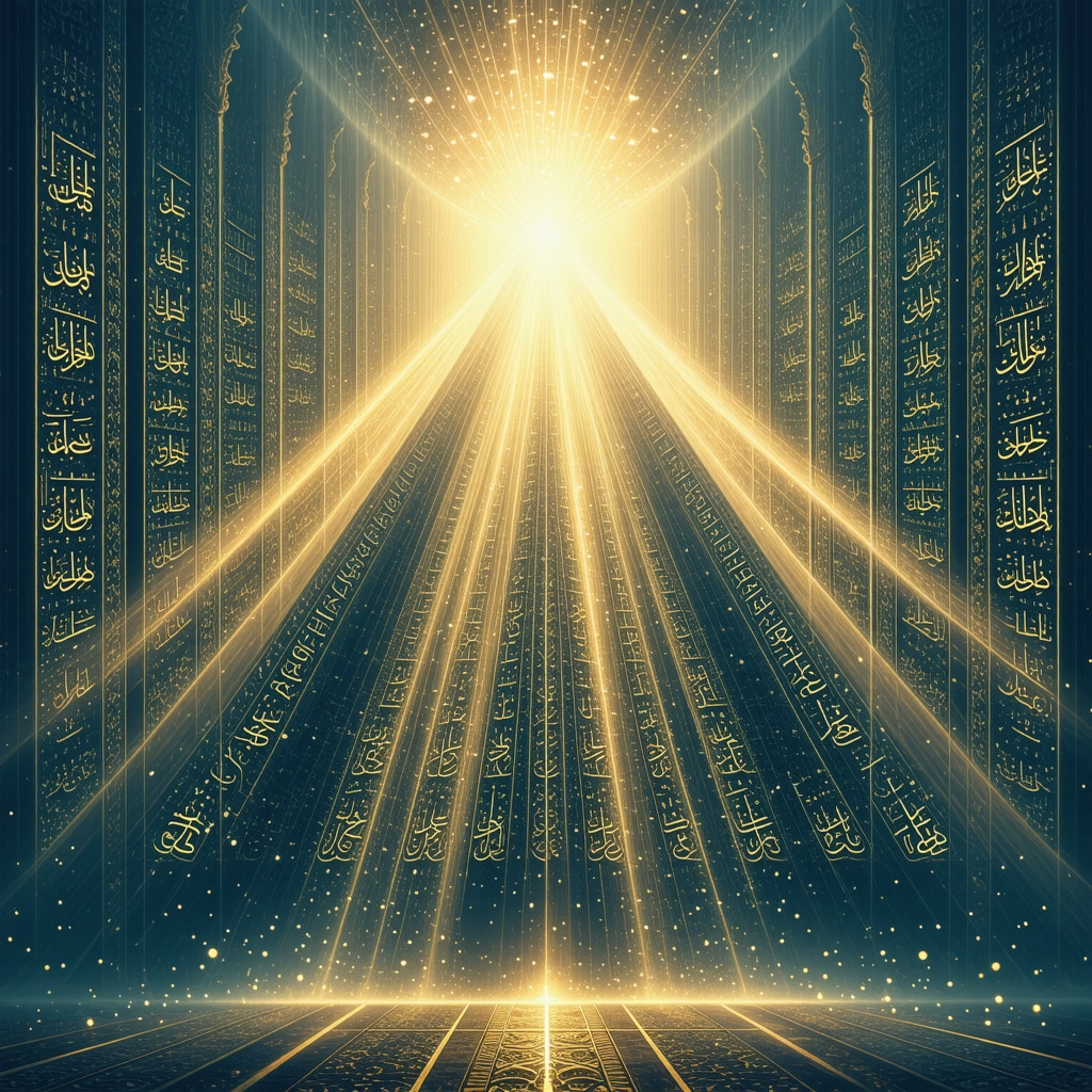 Islamic calligraphy depicting 99 Allah's names with radiant light symbolizing spiritual energy and protection