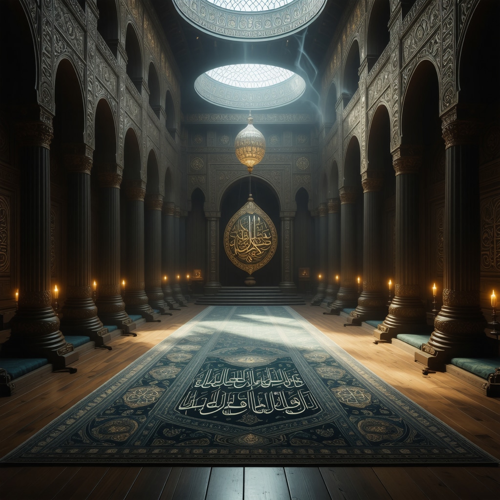Traditional Islamic prayer setting with glowing amulets and calligraphy of 99 Allah's names representing spiritual and psychological protection