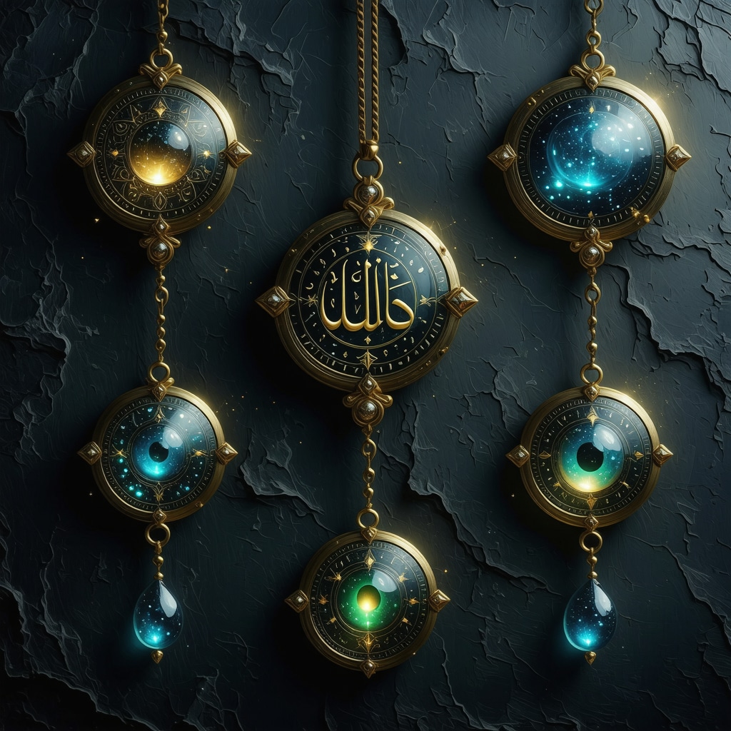 Detailed Islamic amulets and symbols glowing softly representing spiritual protection from sihr