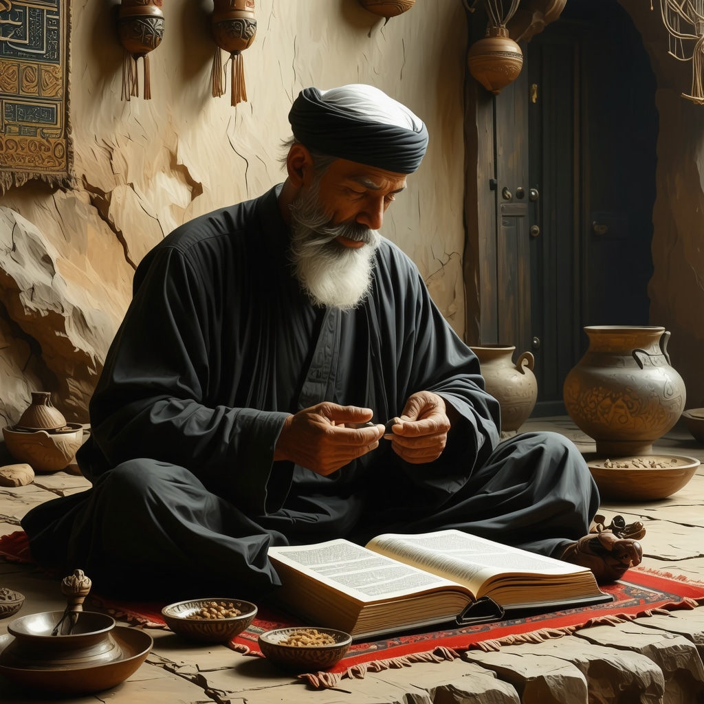 Islamic scholar teaching about talismans with sacred texts and spiritual symbols