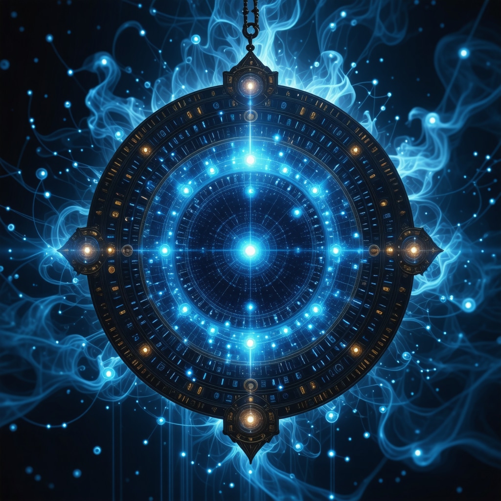 Glowing Islamic amulet with mystical vibrations and digital overlay representing spirituality and technology fusion