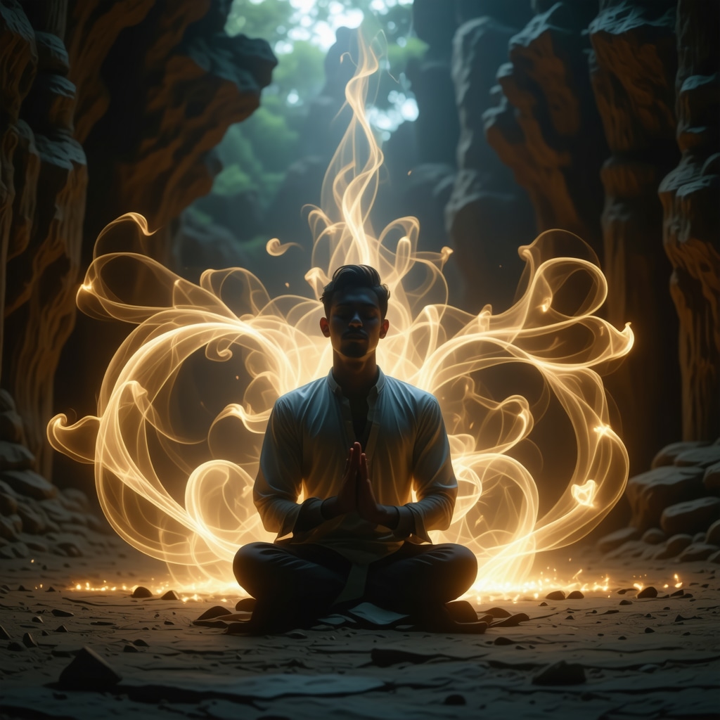 Person meditating with glowing energy waves symbolizing vibrational healing from Islamic sacred words