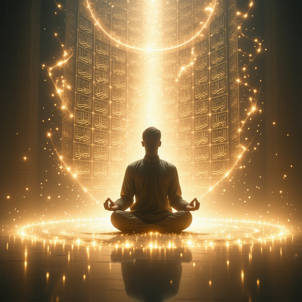 Person meditating surrounded by glowing Arabic calligraphy of 99 Names of Allah symbolizing spiritual protection and inner peace