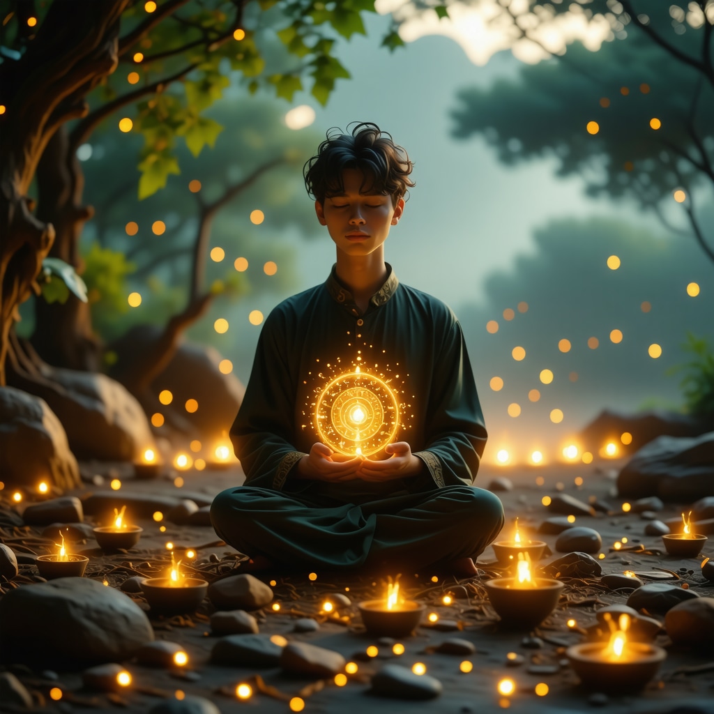 Person meditating with an Islamic love talisman glowing, surrounded by neural network patterns symbolizing brain activity and energy