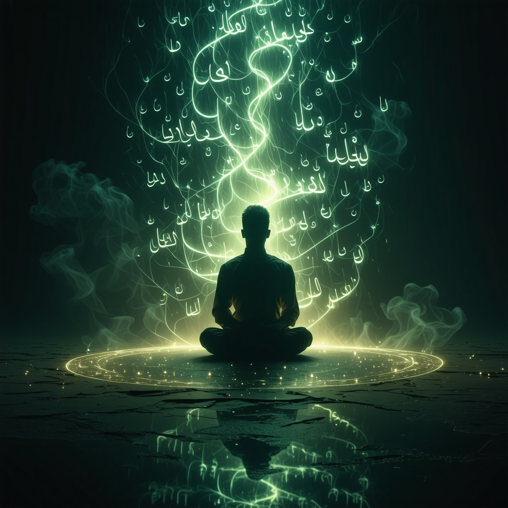 Spiritual meditation with glowing 99 Allah names in Arabic calligraphy