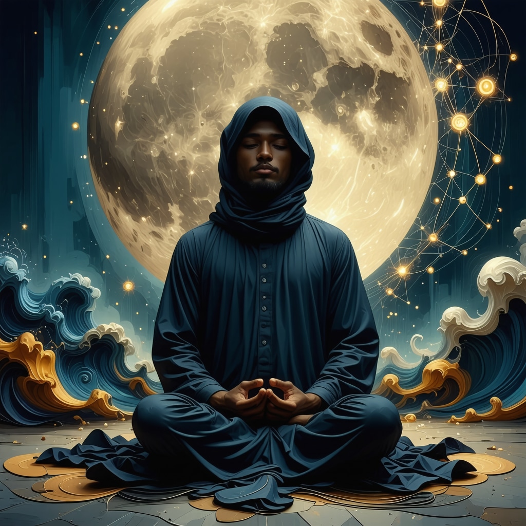 Muslim meditira zikr sa znanstvenim i duhovnim simbolima u pozadini