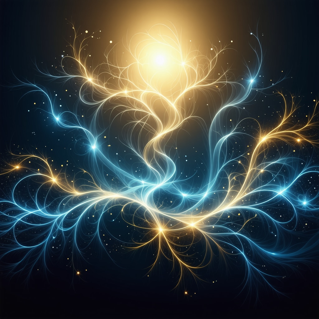 Abstract digital art showing flow of spiritual energy with Islamic calligraphy of 99 names and neural patterns