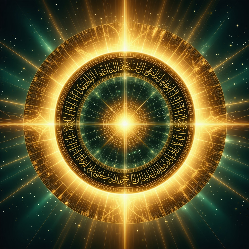 An Islamic amulet glowing with Arabic calligraphy and brainwave patterns symbolizing neurotheology