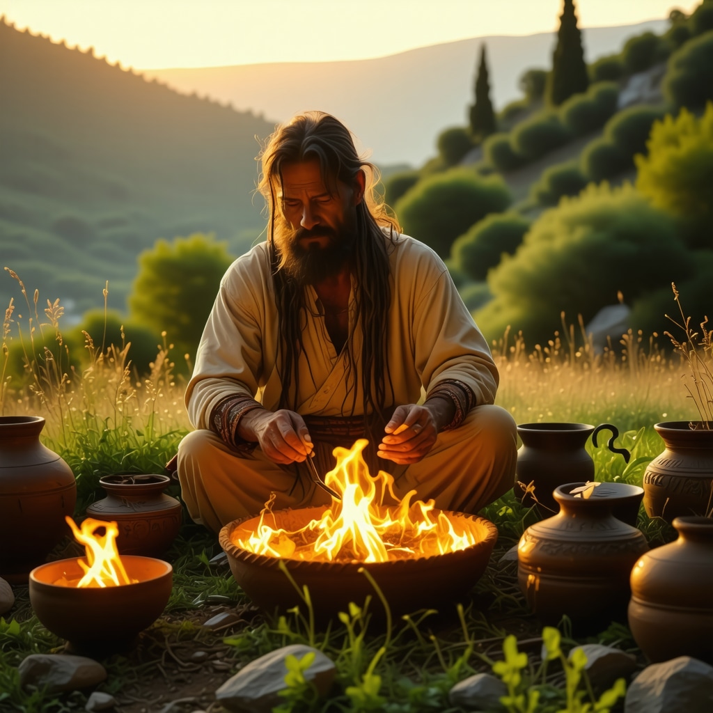 Traditional Bosnian spiritual healer performing ritual at sunset with spiritual symbols and glowing energy