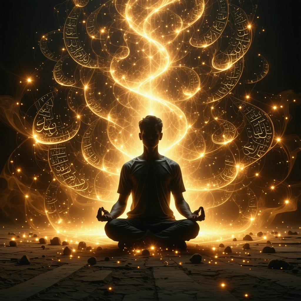 Glowing Arabic calligraphy of 99 Allah's names surrounding meditating figure illustrating energetic protection